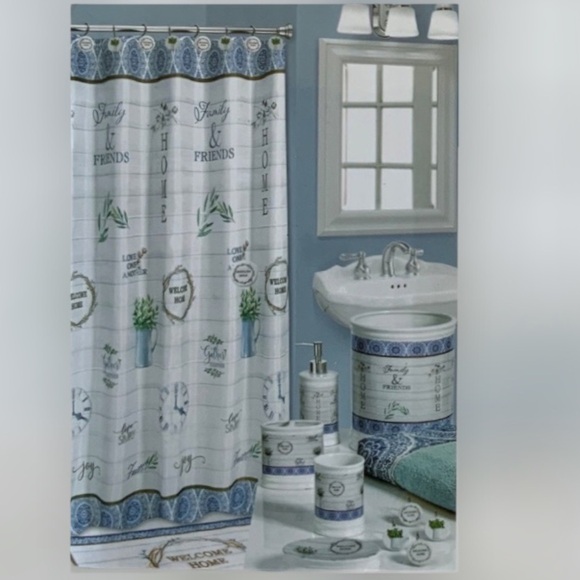 Modern Farmhouse Fabric Shower Curtain White Blue Multicolor 72 in X 72 in - Picture 16 of 16